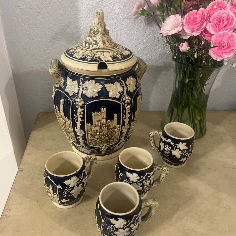 Vintage Wick-Werke Germany Stoneware Design Punch Bowl / Tureen with Lid and 4 c